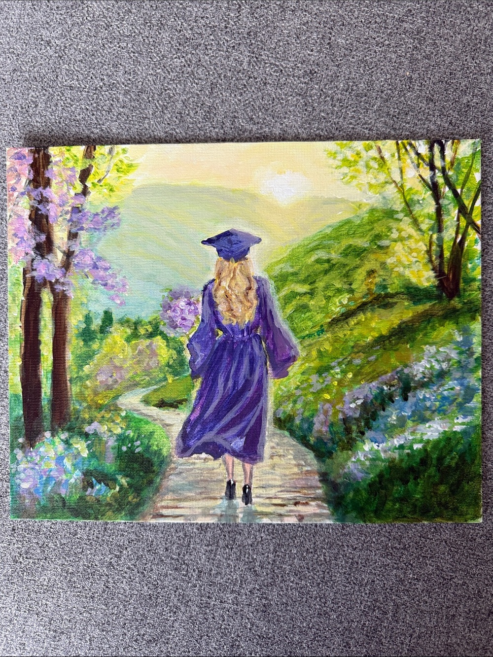 Graduation Walk. The World is Hers! Purple Gown Canvas Oil and Acrylic. 8”x 10”.
